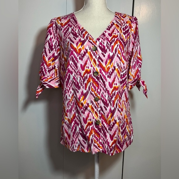 Emily Daniel’s Pink/Red/Orange Blouse Women’s Size L Button Down - Picture 2 of 8